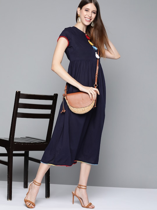 HERE&NOW Solid Cotton Gathered A-Line Midi Dress