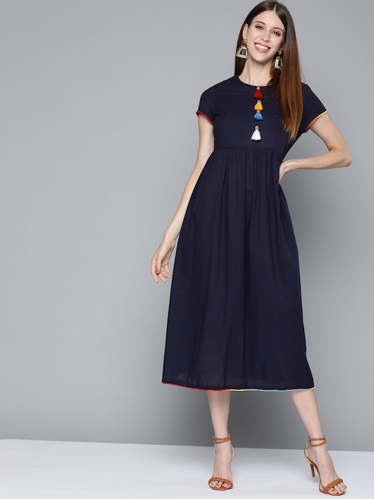 HERE&NOW Solid Cotton Gathered A-Line Midi Dress