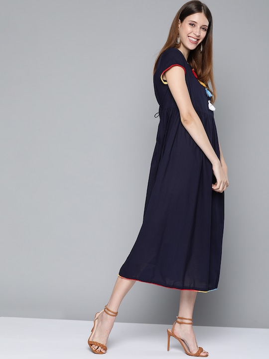 HERE&NOW Solid Cotton Gathered A-Line Midi Dress