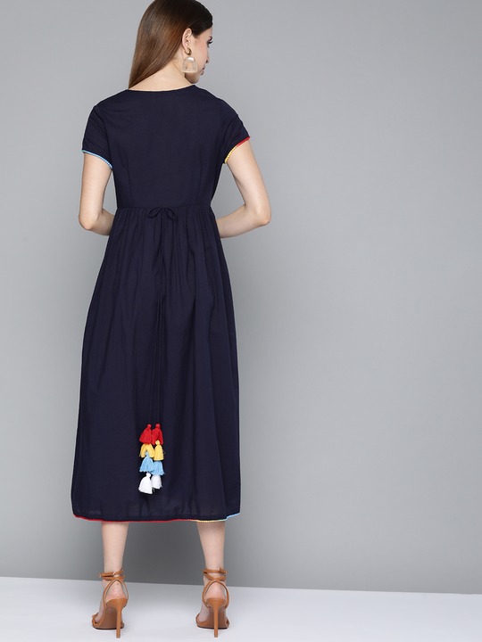 HERE&NOW Solid Cotton Gathered A-Line Midi Dress