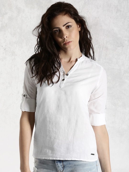 Roadster Pure Cotton Top With Roll-Up Sleeves