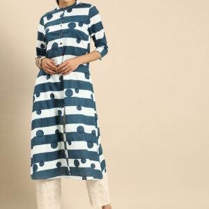 Anouk Women Teal Blue & White Striped Kurta