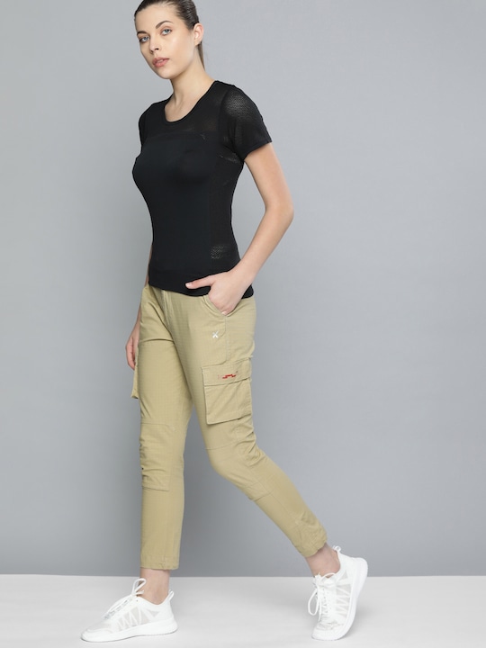 HRX Women Regular Fit Self-Checked Cropped Regular Trousers