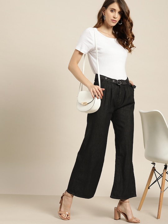 all about you Women Pure Cotton Fit Chambray Pleated Parallel Trousers