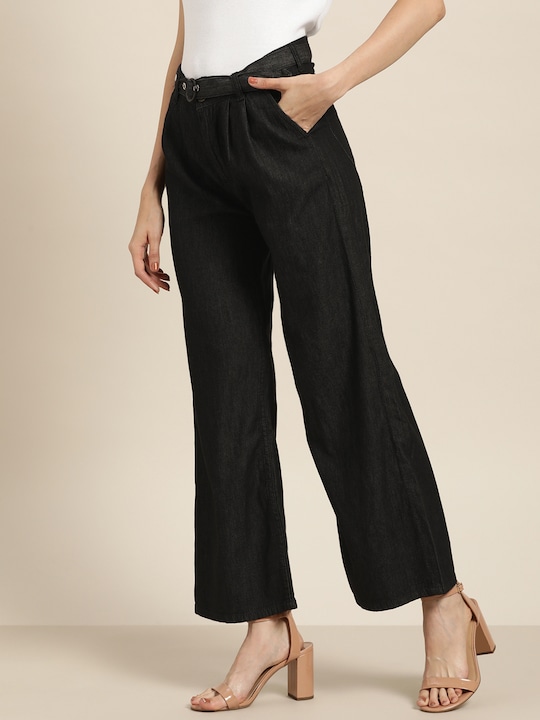 all about you Women Pure Cotton Fit Chambray Pleated Parallel Trousers