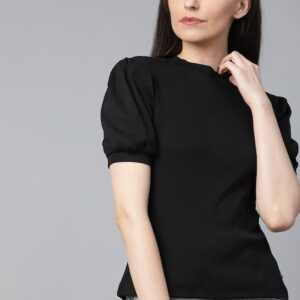 Roadster Women Black Ribbed Pure Cotton Top