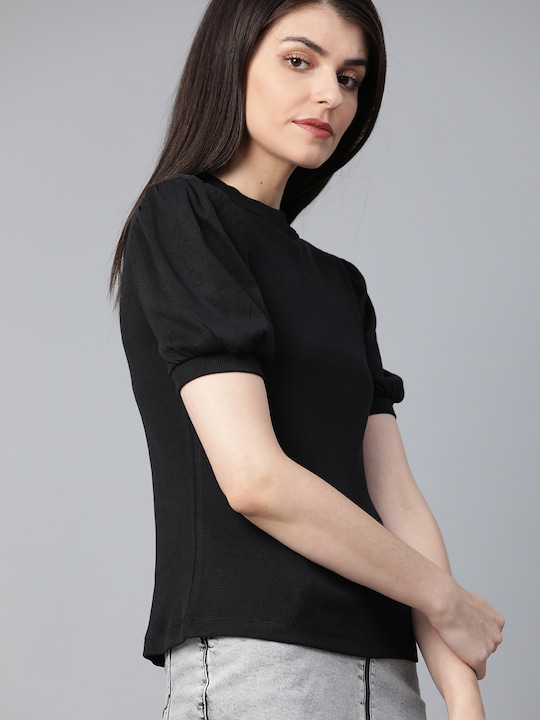 Roadster Women Black Ribbed Pure Cotton Top