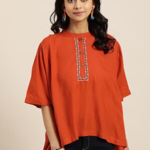 Sangria Orange Solid Mandarin Collar Top