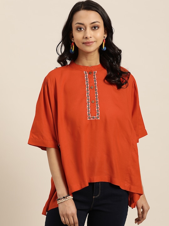 Sangria Orange Solid Mandarin Collar Top