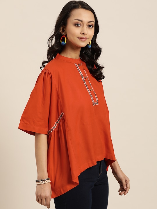 Sangria Orange Solid Mandarin Collar Top