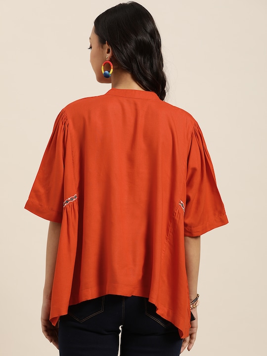 Sangria Orange Solid Mandarin Collar Top