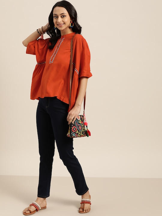 Sangria Orange Solid Mandarin Collar Top