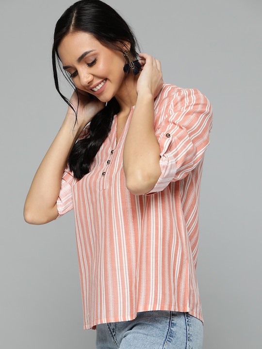 HERE&NOW  Pure Cotton Striped Roll-Up Sleeves Top