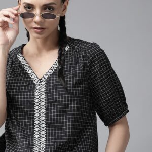 Roadster Checked Puff Sleeves Monochrome Pure Cotton Blouson Top