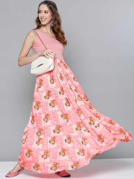 HERE&NOW Women Floral Print Tiered Flared Maxi Skirt