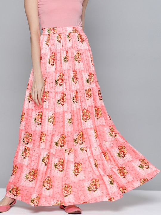 HERE&NOW Women Floral Print Tiered Flared Maxi Skirt