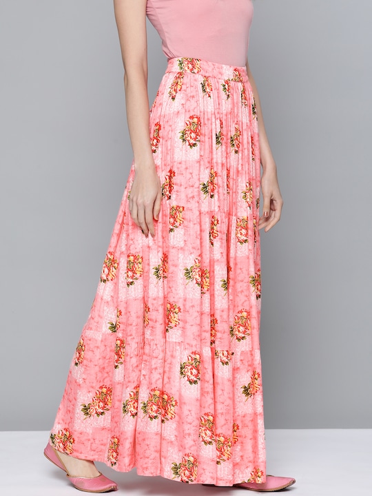 HERE&NOW Women Floral Print Tiered Flared Maxi Skirt