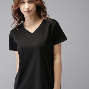 HERENOW Women Solid V-Neck Pure Cotton T-shirt