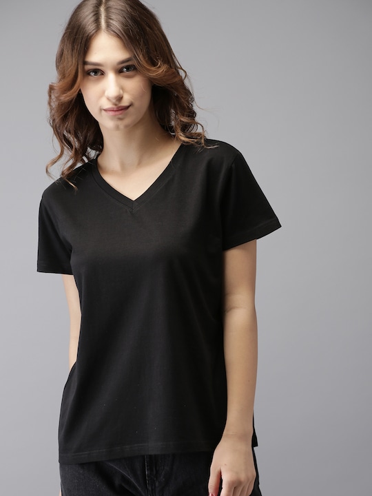 HERENOW Women Solid V-Neck Pure Cotton T-shirt