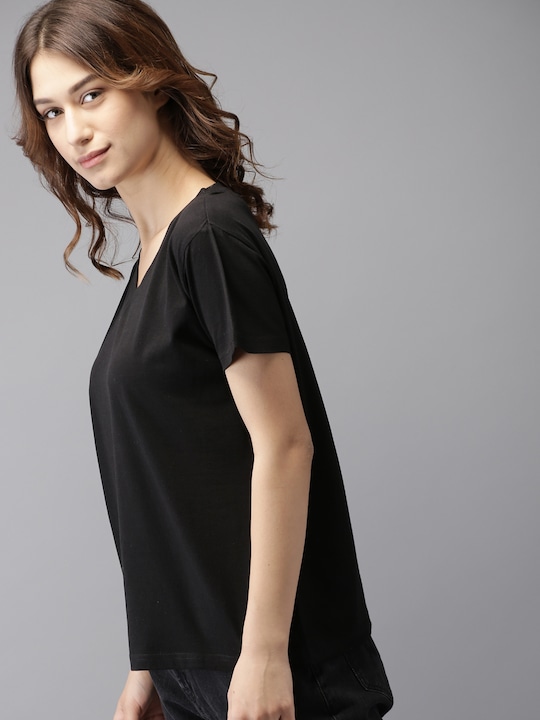 HERENOW Women Solid V-Neck Pure Cotton T-shirt