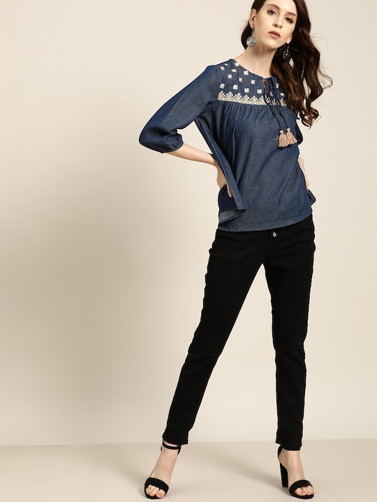 all about you Women Solid A-Line Chambray Pure Cotton Top