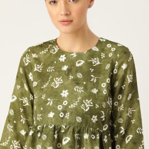 ether Olive Floral Print A-Line Top