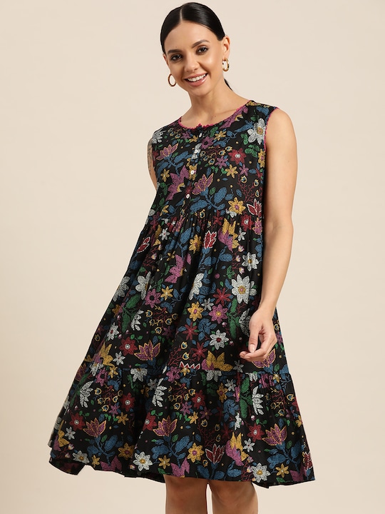 Sangria Black Floral Print A-Line Dress