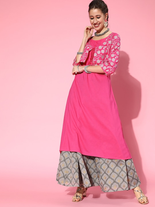 HERE&NOW Women Cotton Ethnic Motifs Printed Layered Kurta