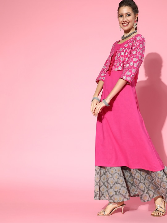 HERE&NOW Women Cotton Ethnic Motifs Printed Layered Kurta