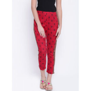 Rangriti Red Printed Cropped Cigarette Trousers