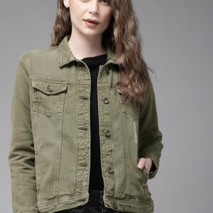 Roadster Women Olive Green Solid Denim Jacket