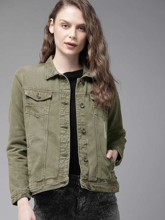 Roadster Women Olive Green Solid Denim Jacket