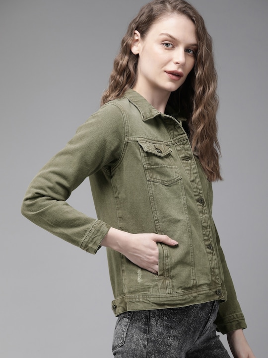 Roadster Women Olive Green Solid Denim Jacket