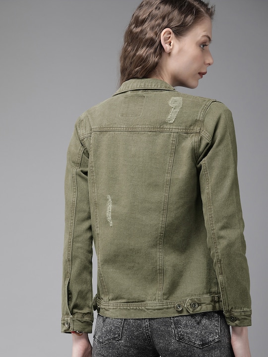 Roadster Women Olive Green Solid Denim Jacket