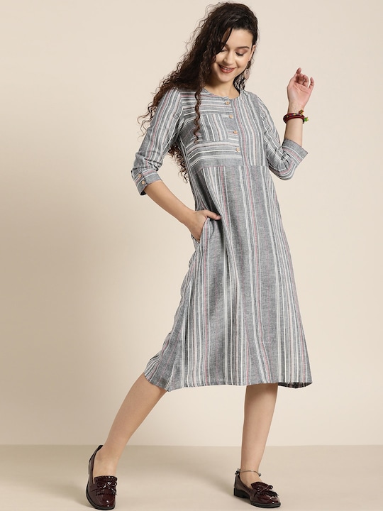 Taavi Women Striped Woven Legacy A-line Sustainable Dress with Pocket