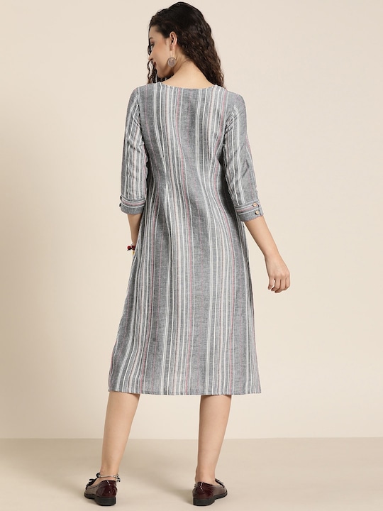 Taavi Women Striped Woven Legacy A-line Sustainable Dress with Pocket