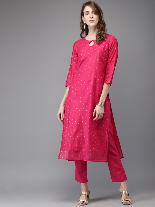 Anouk Women Pink & Gold-Toned Self Design Kurta with Trousers`