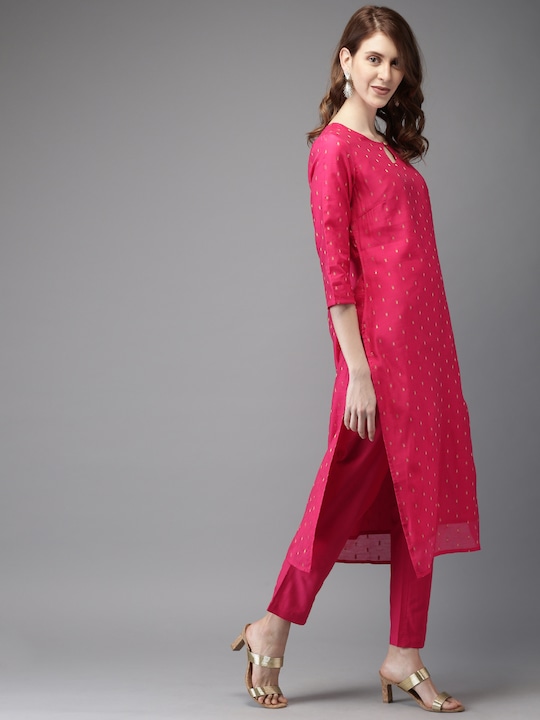 Anouk Women Pink & Gold-Toned Self Design Kurta with Trousers`