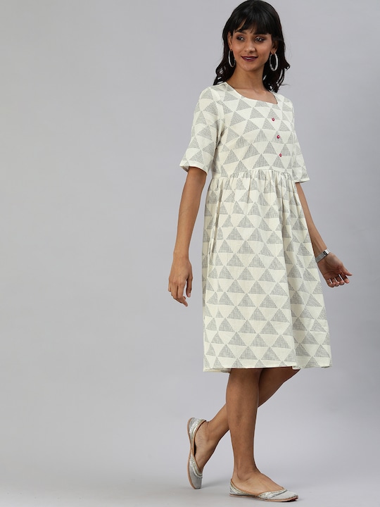 Anouk Women Geometric Printed Gathered A-Line Dress