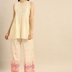 Anouk Women Cream-Coloured Solid Top with Palazzos