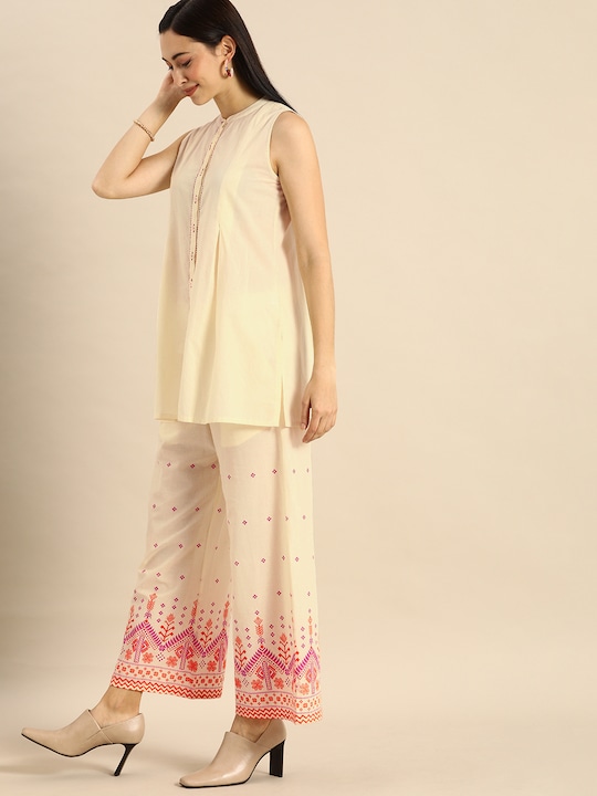 Anouk Women Cream-Coloured Solid Top with Palazzos