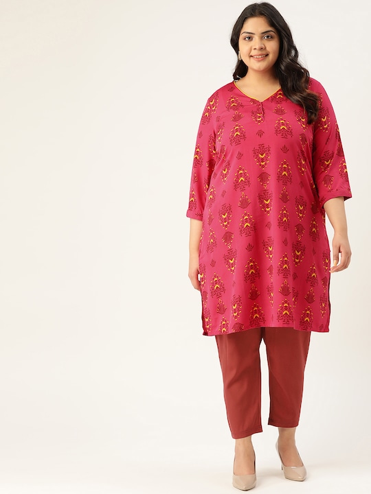 Sztori Women Plus Size Ethnic Motif Printed Kurta with Trousers