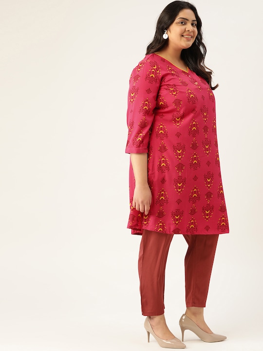 Sztori Women Plus Size Ethnic Motif Printed Kurta with Trousers