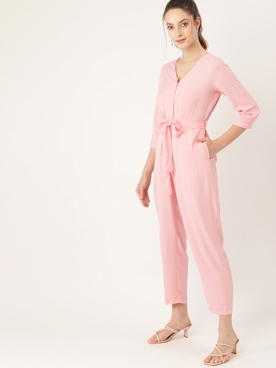 DressBerry Cropped Basic Jumpsuit With Waist Tie-Ups