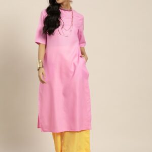 Sangria Women Solid Thread Work Straight Kurta with Palazzos