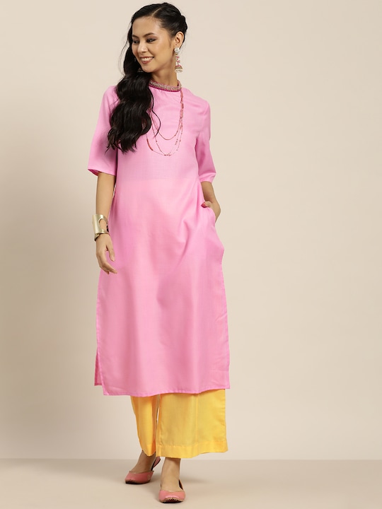 Sangria Women Solid Thread Work Straight Kurta with Palazzos