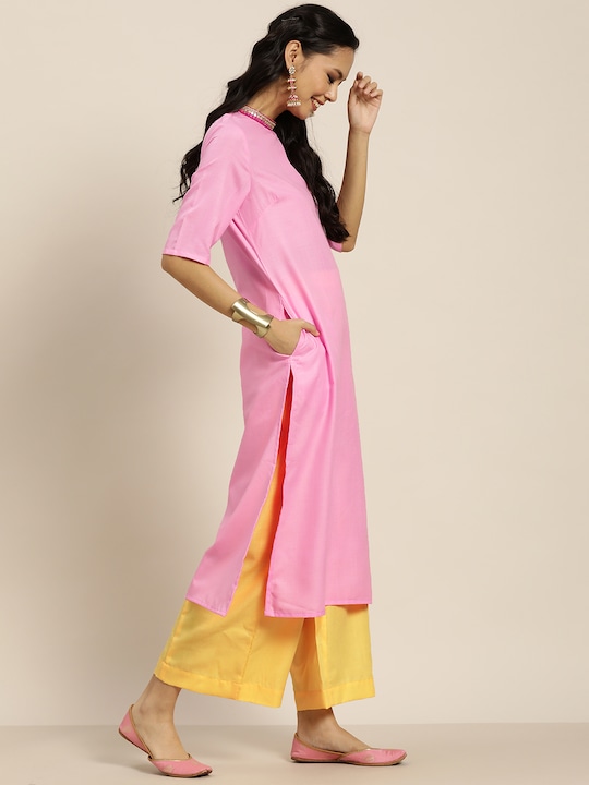 Sangria Women Solid Thread Work Straight Kurta with Palazzos