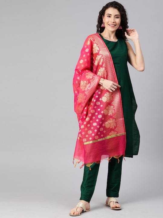 Anouk Women Green Solid Kurta with Trousers & Dupatta