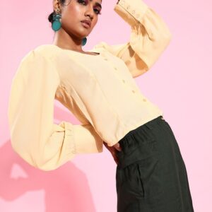 HERE&NOW Solid Sweetheart Neck Puff Sleeve Regular Crop Top