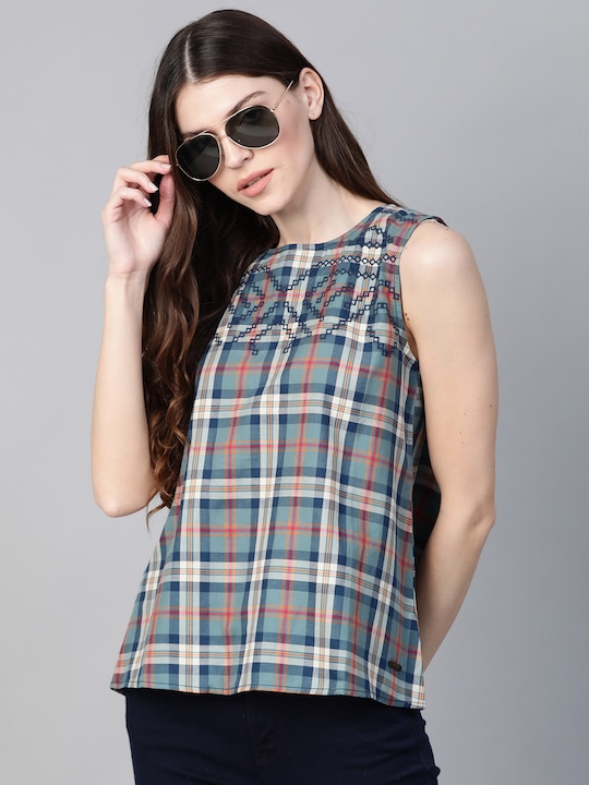 Roadster Women Checked A-Line Pure Cotton Top